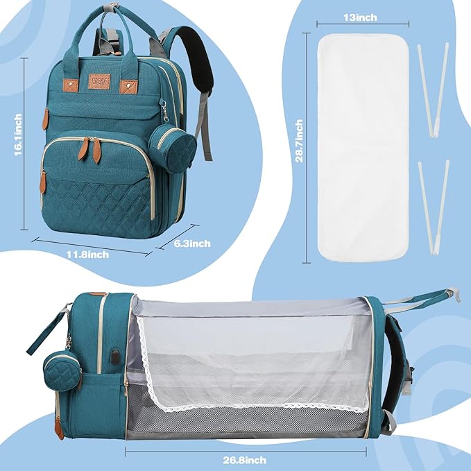JSTPRO Diaper Bag Backpack, Large Diaper Bag with Changing Station, Baby Bag, New Mom Gifts, Lightweight Waterproof Unisex Diaper Bag with Insulated Pockets and USB Charging Port, Cyan