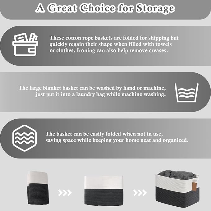 Goodpick Woven Storage Baskets for Organizing, 18" x 14" x 12" Baby Laundry Blanket Toy Basket for Living Room, Rectangle Cotton Rope Baskets with Handles, Dark Gray