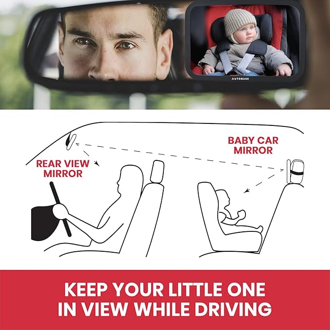 Autobase Baby Car Mirror | Shatterproof Baby Mirror for Car Seat Rear Facing with Wide Crystal Clear View | Fully Assembled Car Mirror for Baby | Newborn Essentials for Travel | Baby Registry Items