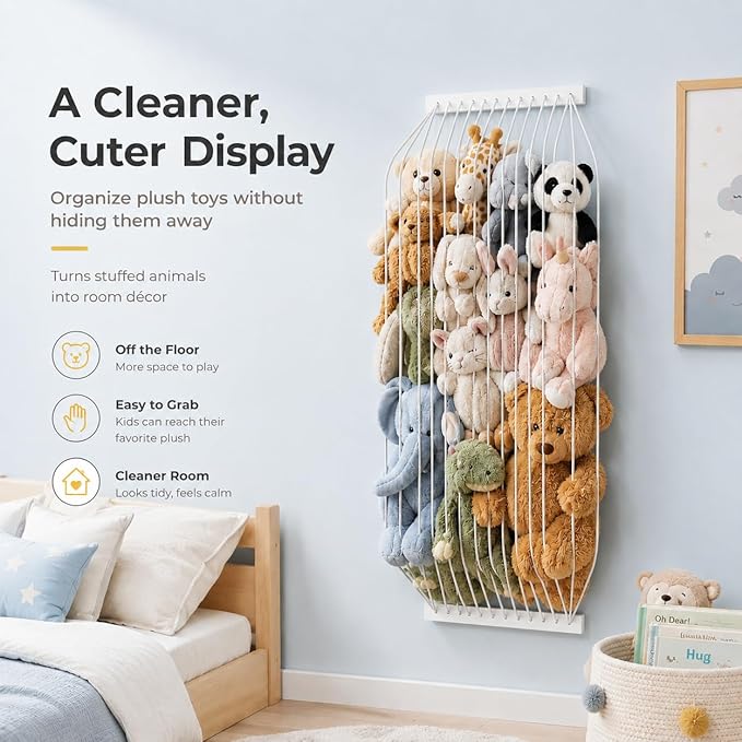 Stuffed Animal Storage Wood Soft Toy Storage for Kids Room,Wall Mount Door Hanging Stuffed Animal Toy Organizer Shelf for Nursery Play Room White -Patent