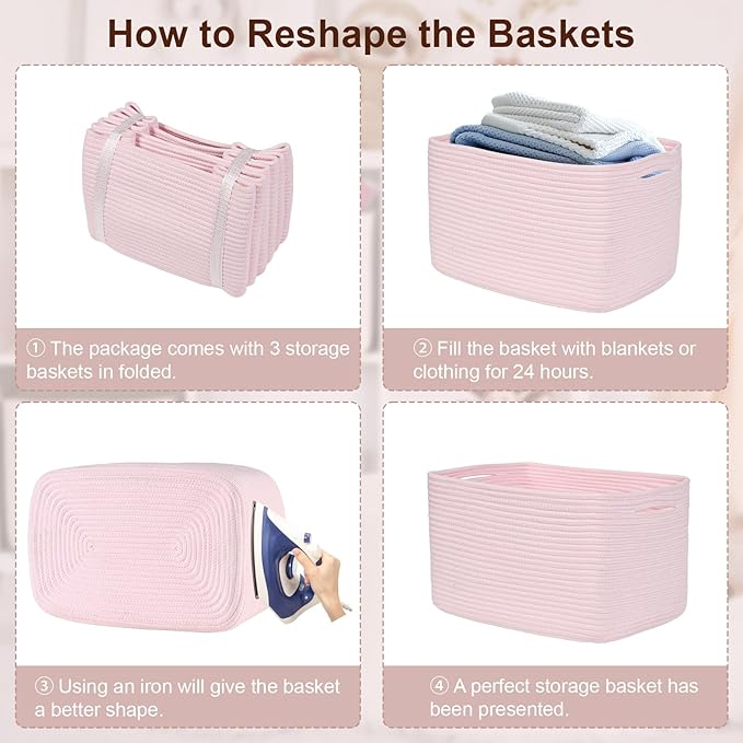 Degeyoyo Woven Storage Baskets, Pink Baskets for Organizing, 3 Pack Woven Basket for Storage, Storage Baskets for Shelf, Towel, Toy, Book, Closet, Baby 15"×10"×9"