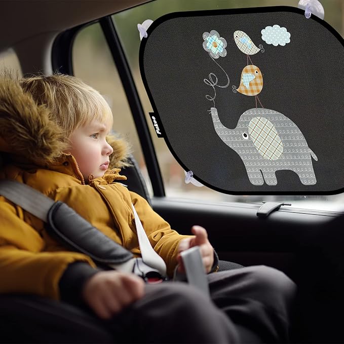 Pakoo Car Sun Shade for Baby with UV Protection, 2 Pack UV Protection Breathable Car Window Sun Shade for Children with Cute Animal Motifs, 17.7 x 14 inches Sun Shades with 8 Cups