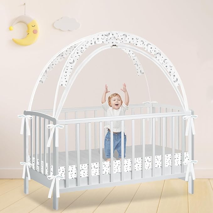 Crib Tent - Crib Net to Keep Baby in, Stop Baby from Climbing Out of Crib, Pop Up Crib Tent with Durable Breathable Net Double Zipper Strong Rods Installation Convenience (Gray Stars & Moons, Large)