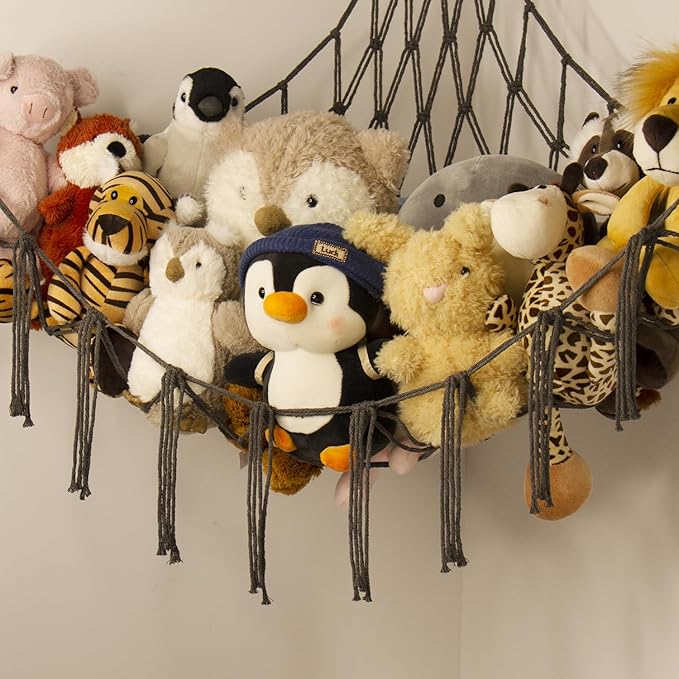 Stuffed Animals Hammock Net Corner-Hanging Stuff Animal Toy Storage Organizer for Plush Plushie Room Bedroom Nursery Decor Toy Storage Organization
