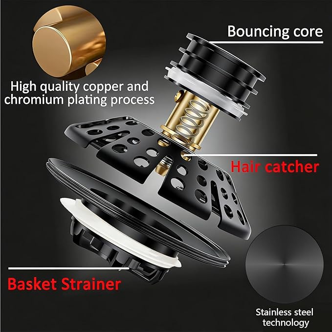 AzWzz Bathtub Drain Stopper, Pop Up Tub Stopper Plug with Bathtub Drain Hair Catcher Cover, Universal for 1.45 in to 1.8 in Tub Drain, Matte Black