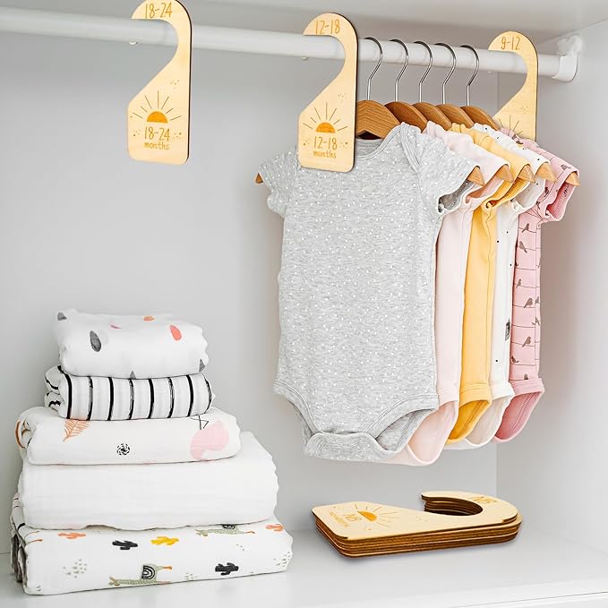 Whaline 8Pcs Baby Closet Size Dividers Wooden Baby Wardrobe Hanger Organizer Boho Sun Design Hanging Wooden Newborn to 24 Months for Home Nursery Baby Clothes Decor