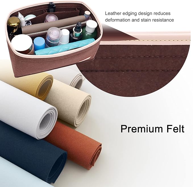 Doxo Purse Organizer Insert for Handbags & Base Shaper 2pc Set with Zipper, Felt Bag Organizer for Tote, Purse Organizer for LV Speedy 25/30/35 Neverfull MM Le Pliage L Tote Bag and More(Brown-L)