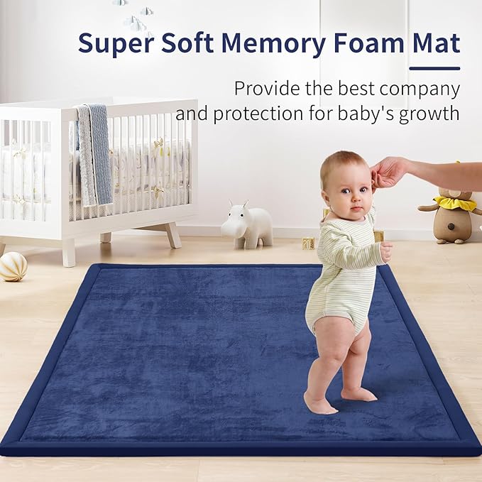 ACOMOPACK Baby Play Mat for Floor 1.3" Thick Memory Foam Play Mat 59"×71" Tummy Time Crawling with Non-slip Bottom for Living Room,Nursery,Soft Velvet Playpen Mats for Kids,Infants(Royal Blue)