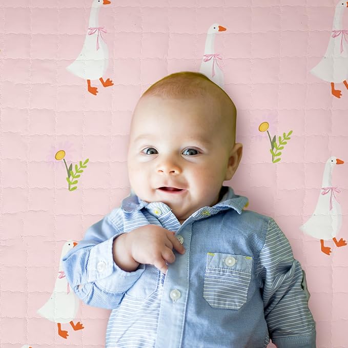 Funtery 43 x 43 Inch Baby Playmat Portable Crawling Washable Foldable Tummy Time Non Slip Baby Floor Large Playpen Mat for Infants Toddlers Floor Playpen Activity (Goose)