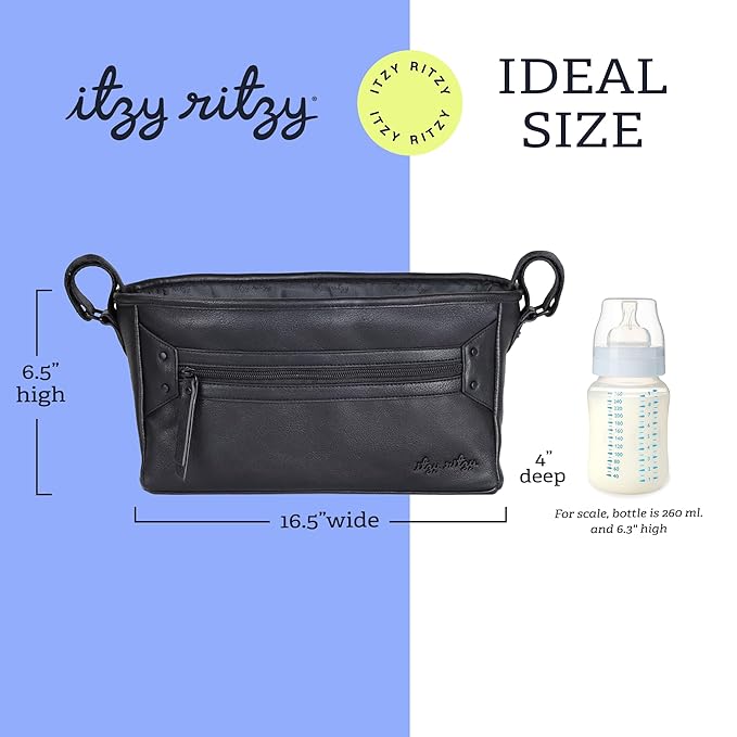 Itzy Ritzy Adjustable Stroller Caddy and Organizer Bag Featuring Front Zippered Pocket, 2 Built-In Interior Pockets & Adjustable Straps to Fit Nearly Any Stroller (Black)