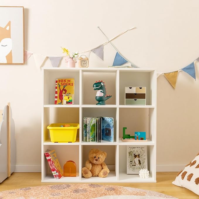 Costzon 9-Cube Toy Storage Organizer, 4-Tier Wooden Bookcase for Books and Toys Storage, Book Shelf for Kids Rooms, Playroom, Living Room, Nursery