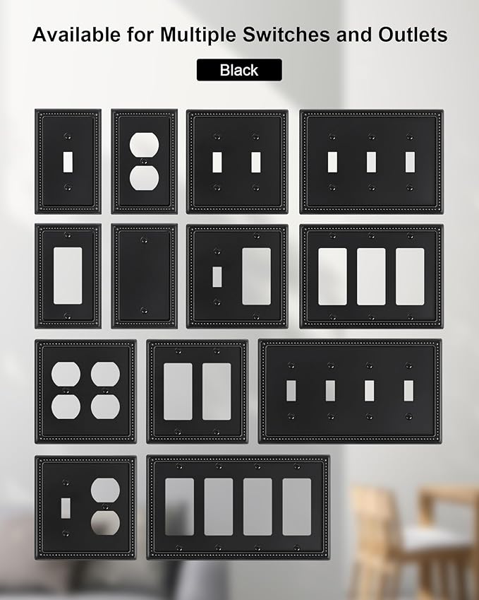 4-Pack Single Toggle Light Switch Cover Plate, Pearls Decorative Switch Plate Covers, Black 1 Gang Metal Wall Plate, Corrosion Resistant