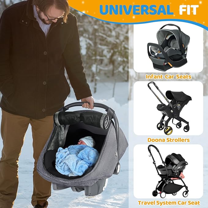 IvyWind Baby Car Seat Cover, Universal Winter Carseat Cover for Babies with Breathable Mesh Window, Cozy and Warm Infant Car Seat Covers for Cold Weather, Kick-Proof Carseat Canopy, Dark Gray