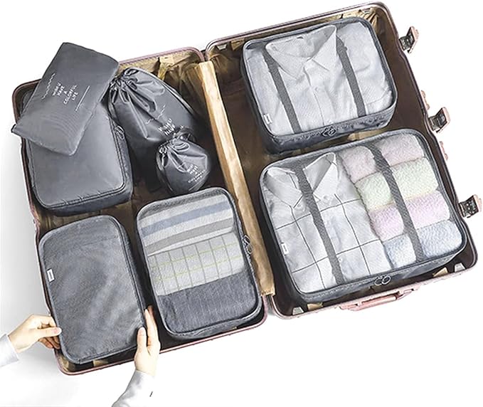 LANSKLBD 8 Set Packing Cubes for Suitcases Travel Luggage Packing Organizers,Travel Essentials Accessories Luggage Organizer with Shoe Bag Tioletry/Laundry Bag(Grey)