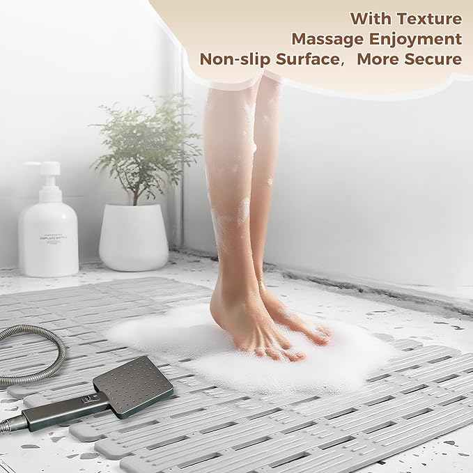 PuoWeo Bathtub Mat Non Slip for Bathroom with Suction Cups and Drain Holes 35.4 * 15.7 Shower Mat for Inside Shower, Quick Dry Bath Mat for Baby Kids Seniors Pregnants Adults, Easy to Cut, Easy Dry