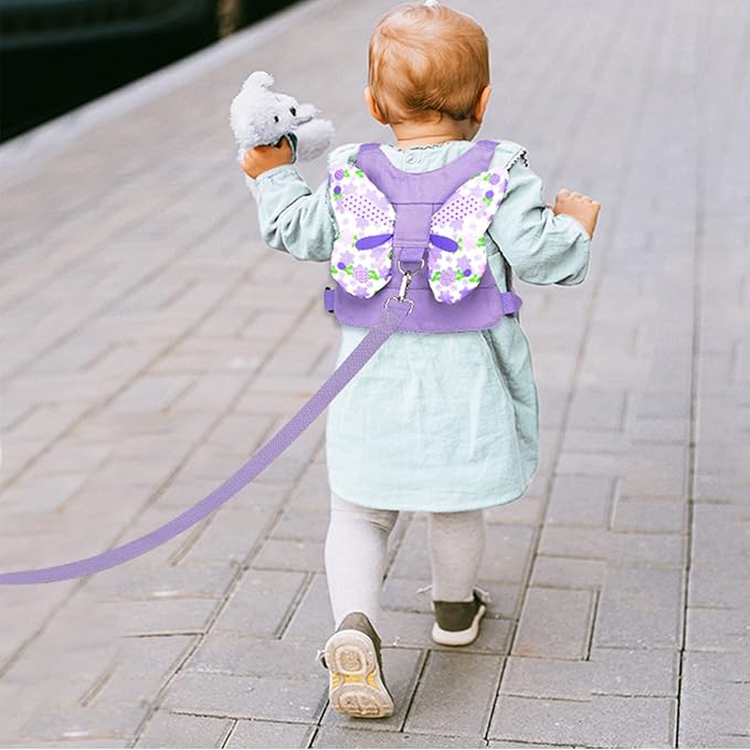 Toddler Harness Leash + Anti Lost Wrist Link, Accmor Kids Butterfly Harnesses with Children Leashes, Cute Baby Leash Walking Assistant Wristband Strap Tether for Girls Outdoor (Purple)