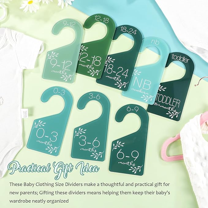 8 Pcs Baby Closet Size Dividers Acrylic Baby Closet Dividers Nursery Closet Dividers Baby Clothes Size Hanger Baby Wardrobe Organizers Infant Wardrobe Separator, 7 x 3 Inch (Green)