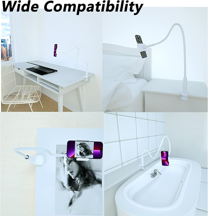 Cell Phone Clip Bed Stand Holder, with Grip Flexible Long Arm Gooseneck Bracket Mount Clamp for Desk, Compatible with iPhone 14 Pro Max XR X 8 7 6 or Other 3.5-7" Devices (White)