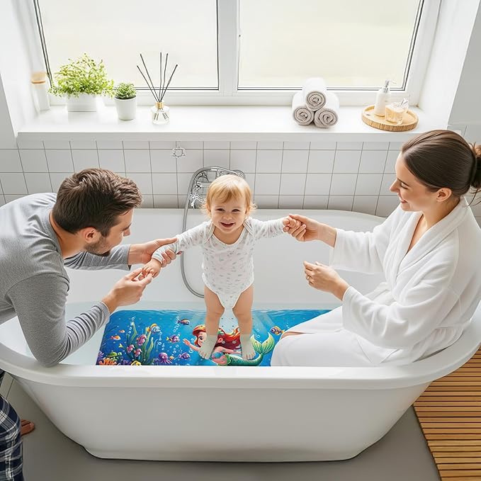 Upgrade Cartoon Baby Bath Mat Non Slip - 40"x16" Extra Long Bathtub Mat for Baby Eco Friendly Durable Bath Mat for Tub Non Slip Kids Tub Mat with Suction Cups, Machine Washable and No Fading, Mermaid