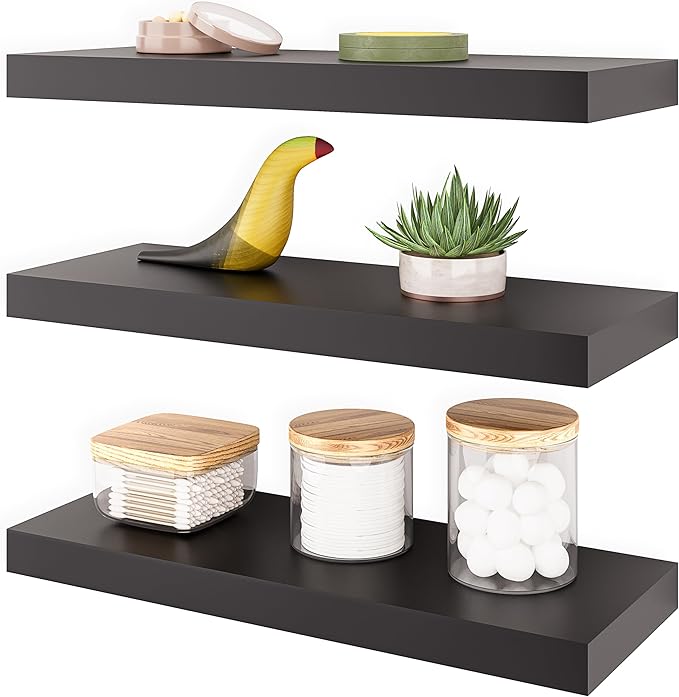 Ballucci Floating Shelves, 16" Wood Wall Shelf Set of 3, Invisible Brackets Floating Shelf for Wall Decor Living Room, Bathroom, Bedroom, Kitchen, 6" Depth, Black