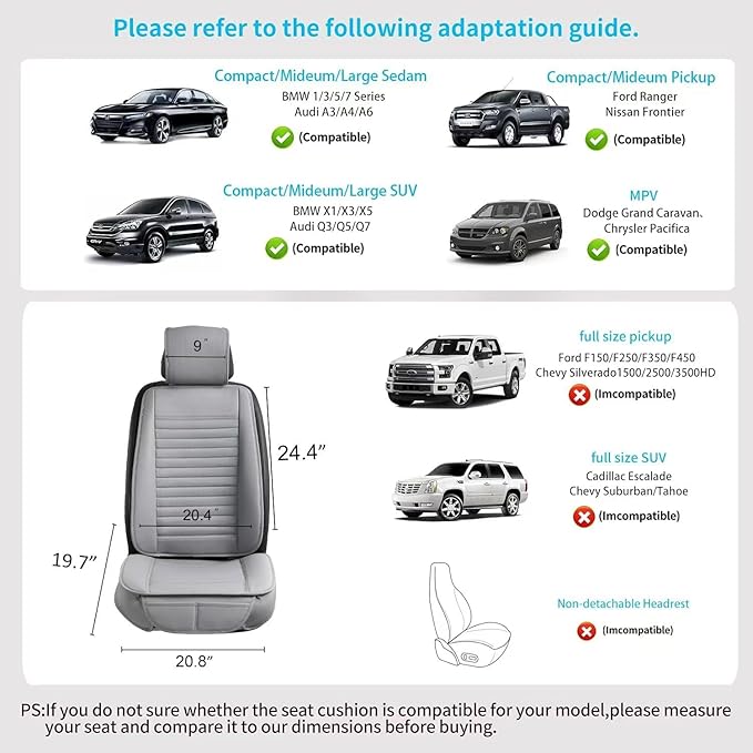 2pc Car Seat Covers, Luxury Car Protectors, Universal Anti-Slip Driver Seat Covers, Edge Wrapping Front Car Seat Covers with PU Leather(Gray)