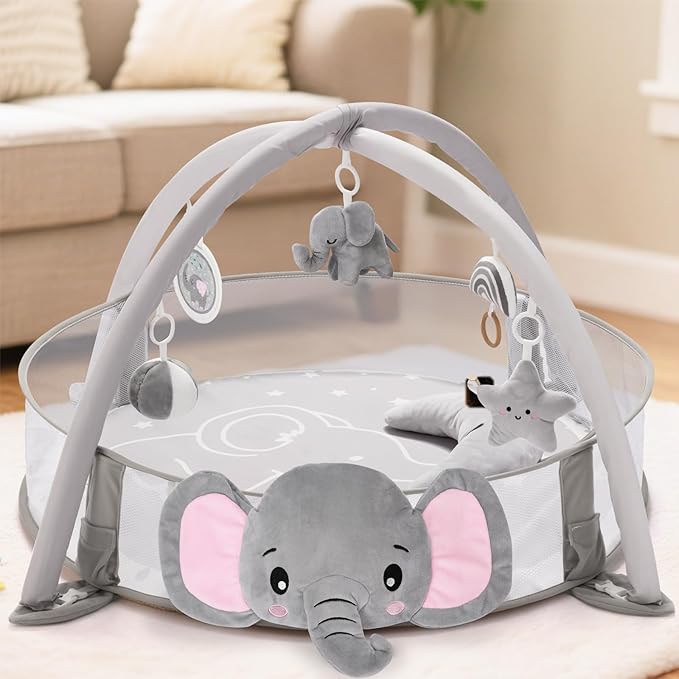 7-in-1 XL Large Baby Play Gym Mat, Tummy Time Mat, Baby Gym & Ball Pit, Baby Activity Mat with Milestone Cards & 6 Detachable Toys for Sensory Motor Skill, Elephant