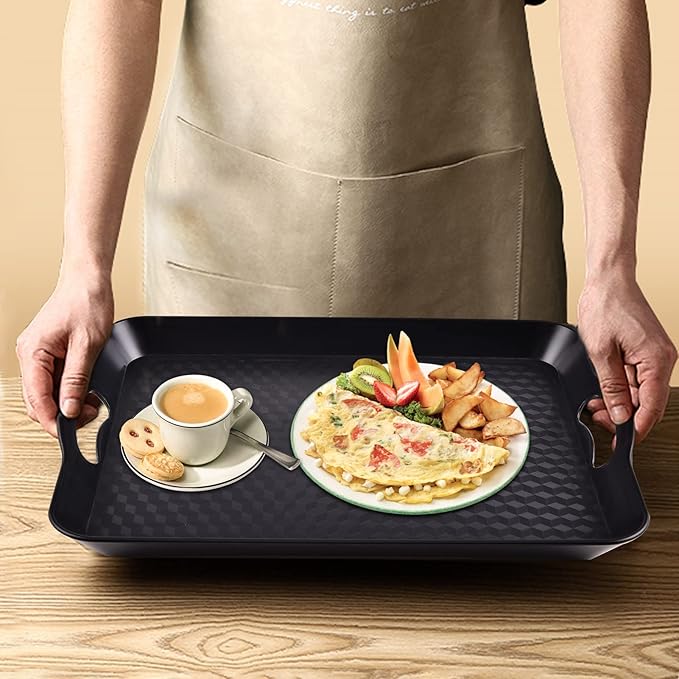 Plastic Tray with Handles, 2 Pack Multi-Purpose Rectangular Non Slip Restaurant Serving Trays Set for Parties, Coffee Table, Kitchen (12.2x16 inch)