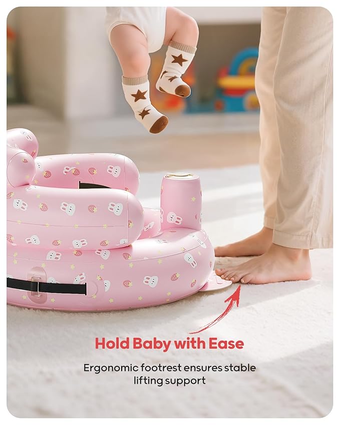 QPAU Inflatable Baby Seat with Safety Harness for Babies 3 Months & Up, Baby Floor Seats for Sitting Up, Baby Seats for Infants, Blow Up Baby Chair with Built in Air Pump (Pink Rabbit)