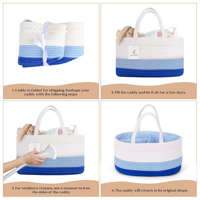 luxury little Diaper Caddy Organizer, Large Cotton Rope Nursery Baby Basket, Changing Table Organizer for Baby Diaper Storage, Portable Car Organizer Removable Divider (Blue, Extra Large)