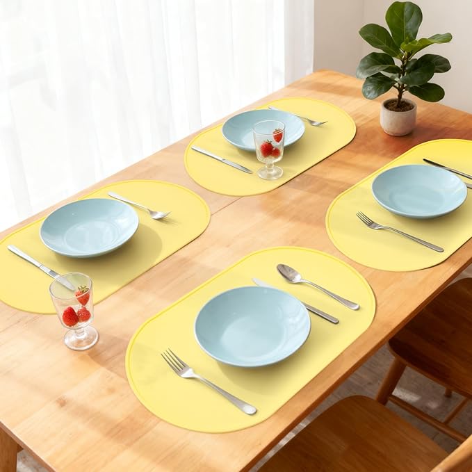 yuuzue Silicone Placemat Set of 4, Heat Resistant Placemats for Dinning Table, Reusable Portable Kids Baby Placemats, Waterproof Stain-Proof Toddler Food Mats, Easy to Clean Silicone Mat Oval Placemat