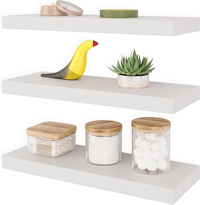 Ballucci Floating Shelves, 16" Wood Wall Shelf Set of 3, Invisible Brackets Floating Shelf for Wall Decor Living Room, Bathroom, Bedroom, Kitchen, 6" Depth, White
