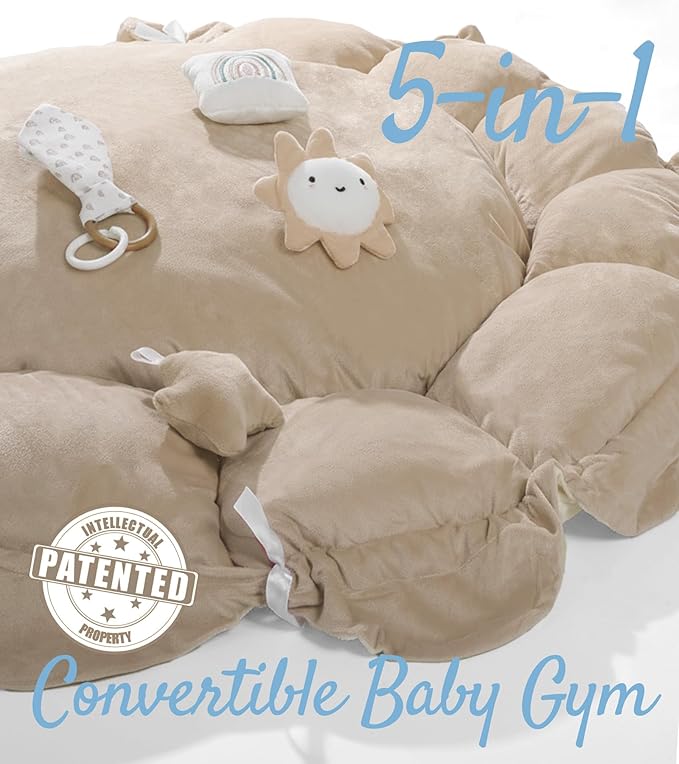 Mallify 5-in-1 Thick & Plush Baby Play Gym, Baby Play Mats for Floor, Tummy Time Mat with 6 Toys, Convertible Stage-Based Developmental from Babies to Toddlers, Ball Pit, Brown