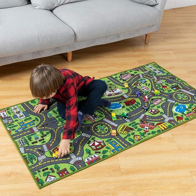 JOYIN Kids Play Rugs - 12 Pull-Back Vehicle Set - Durable Carpet Playmat Rug - City Pretending Play - Toddler Car Track Rug