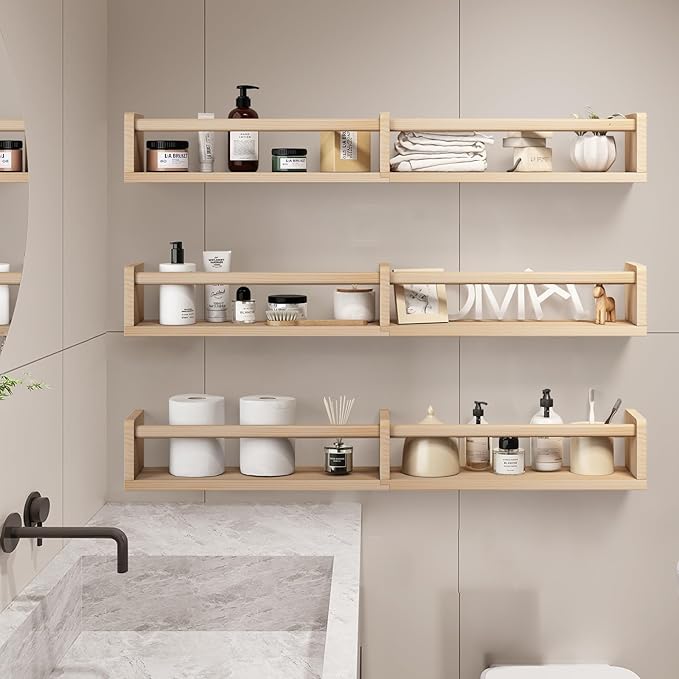 Fixwal Nursery Bookshelves, 32in Floating Bookshelves for Wall Set of 3, Wood Wall Mounted Floating Shelves for Baby Nursery Decor and Toys Storage (Natural Wood)