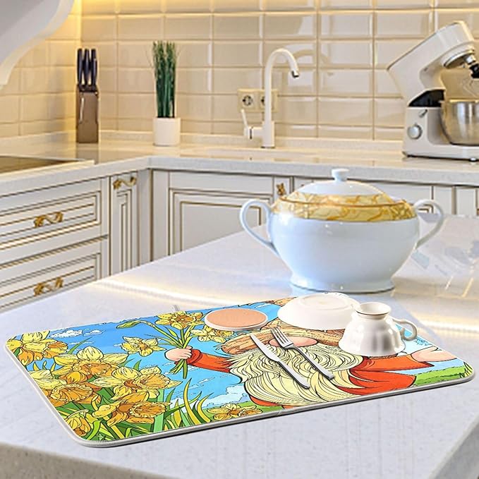 Absorbent Dish Drying Mat for Kitchen Counter - Sunflower Elk Microfiber Drying Pad, Reversible Drainer Mats for Countertop, Small 16" x 18"
