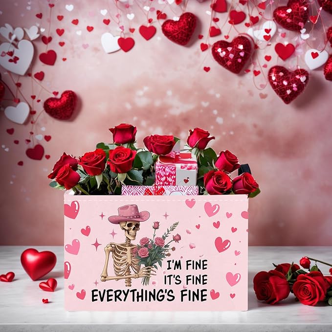 ASKETAM Valentine's Day Basket Gift for Empty Cute Heart Large Storage Bin for Kid and Baby Room Décor (Pink Rose Skull Heart)