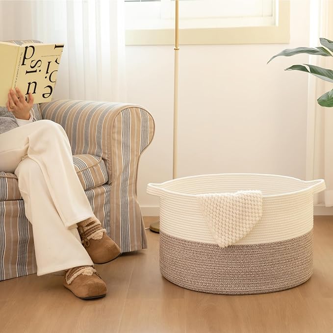 OIAHOMY Large Blanket Basket for Living Room, 19.7" x 12.6" Woven Cotton Rope Laundry Basket for Organizing Pillows, Decorative Stuffed Animal Toy Storage for Nursery, White and Linen Brown