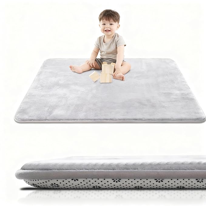 Baby Play Mat for Floor, 1.2″ Thick Foam 79X59 Playpen Mat, Ultra-Soft Velvet for Tummy Time & Crawling, Non-Slip Backing and Easy to Clean, Safe for Infants, Toddlers, and Kids (LightGray)