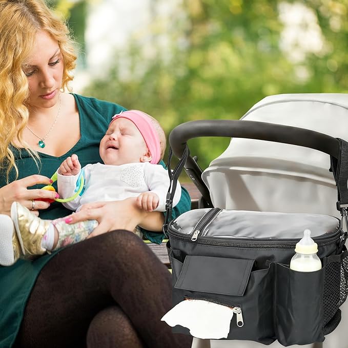 Smlper Stroller Organizer with Cup Holders, Adjustable Universal Organizer Caddy Bag - Phone Pocket & Detachable Strap for Baby Stroller and Pet Stroller (Black)