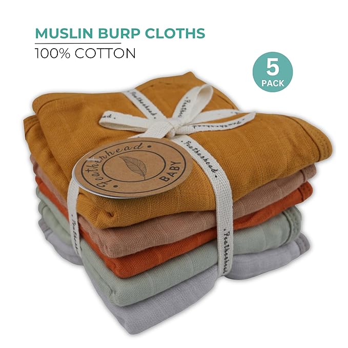Featherhead 5 Pack Muslin Baby Burp Cloths for Boys & Girls, 22" X 11", Premium Cotton Muslin and Terry Spit up Rags, Super Soft and Absorbent (Green Solids)