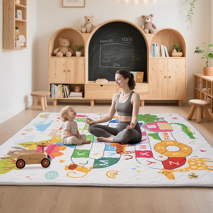 Duwenem Baby Play Mat for Floor,50x50 Inch Soft Padding Crawling Mat, Foldable and Machine Washable, Thick for Babies & Toddlers,Animal School