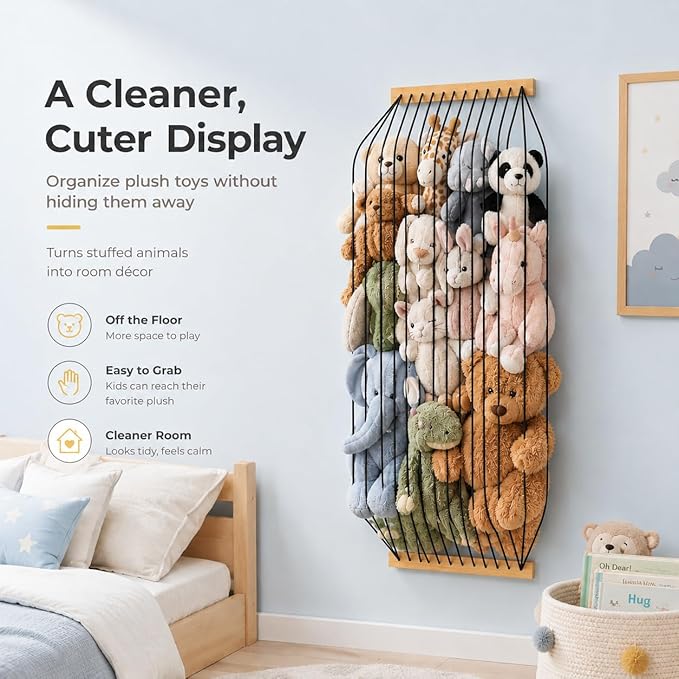Stuffed Animal Storage Wood Soft Toy Organizer for Kids Room,Cute and Durable Wall or Door Mount Length Adjustable Hanging Stuffed Animal Toy Organizer Shelf for Nursery Play Room Black -Patent