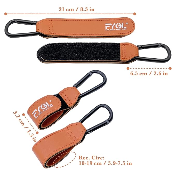 Stroller Hooks - Leather Buggy Clips, Pushchair Carabiner Clip for Bags, Easy Attachment for Pram, Universal Stroller Clips and Hooks, Stroller Accessories - Orange (2 Pack)