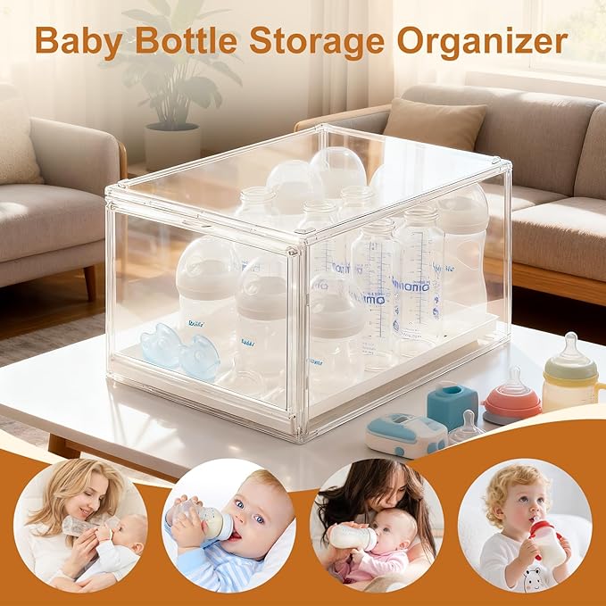 ERTIUANIO Baby Bottle Organizer, Clear Stackable Acrylic Storage for Countertop Cabinet, Baby Bottle Station Organizer with drawer for Pacifiers, Pump Parts