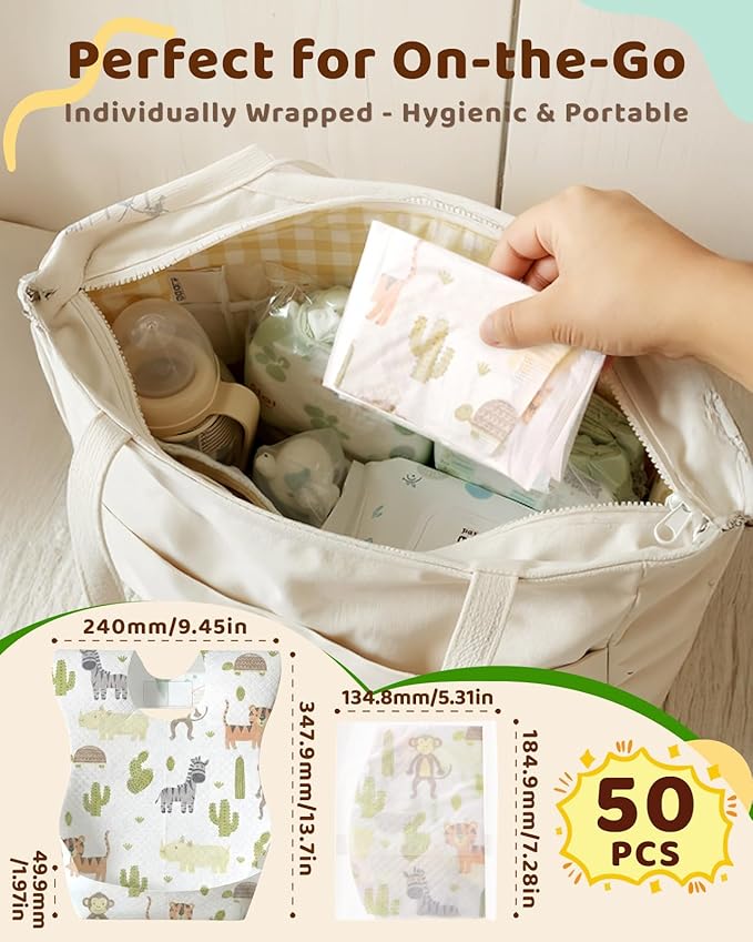 Lictin Disposable Baby Bibs, Individually Packaged, Hygienic and Convenient for Toddler, Baby Travel Essentials, 20/50pcs