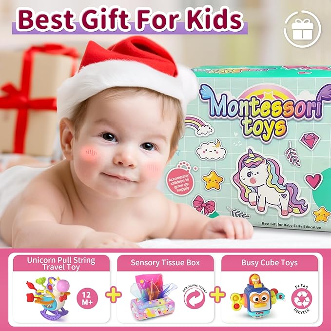 usrela 3 in1 Baby Toys 12 to 18 Months - Busy Board Sensory Toys, Tissue Box Toy, Pull String Teether, Learning Toy for Babies, Infant Gifts for 12 18 Months Old