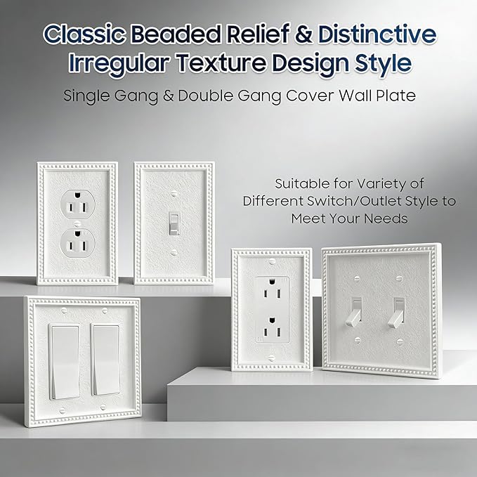 20 Pack Mid-Size Toggle Light Switch Wall Plates 1-Gang Switch Electrical Cover Plate Unbreakable Thermoplastic Faceplate, Classic Beaded Relief Design, White