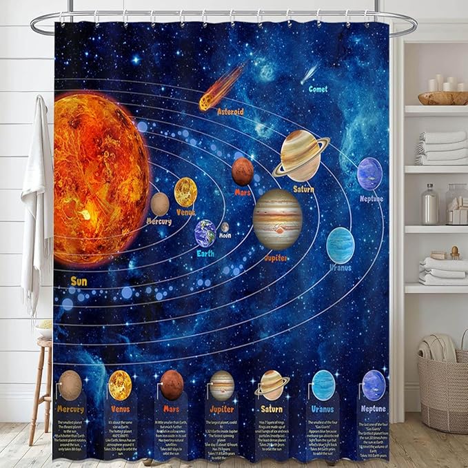 Mocsicka Galactic Outer Space Shower Curtain Boys Nebula Universe Planet Bath Curtain Science Theme Waterproof Bathroom Accessories Decor with 12 Hooks