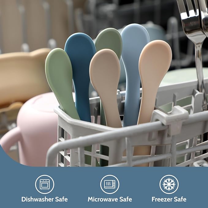 6 Piece Silicone Baby Feeding Spoons, First Stage Infant Soft-Tip Easy on Gums, Training Spoon Self-feeding, Utensils Supplies, Dishwasher & Boil-proof - Blue