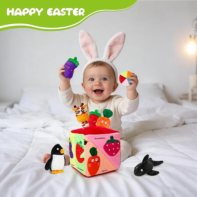 Baby Box Toy - Baby Toys 6-12 Months Montessori Toys for 6 Month Old with Animals, Fruits, Balls, Squeaky Sounds, Mirror, Gifts for Babies